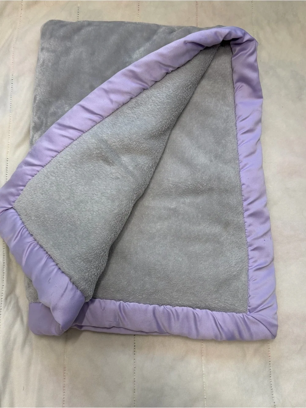 Wendy Bellissimo Gray Plush Baby Blanket with Lavender Satin Edge